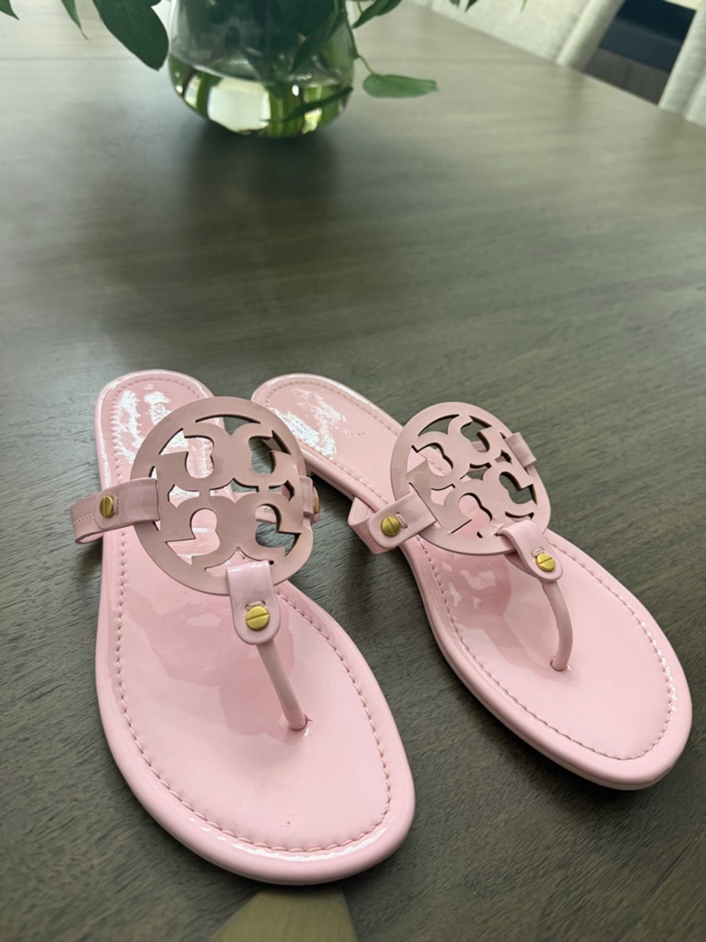 Tory Burch Pink Patent Miller Logo Thong Sandals